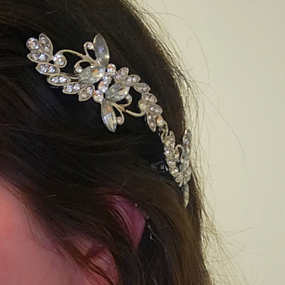 6" Women Bridal Cubic Zirconia Hair Clip x2, Silver Floral Barette, Wedding - Picture 11 of 12